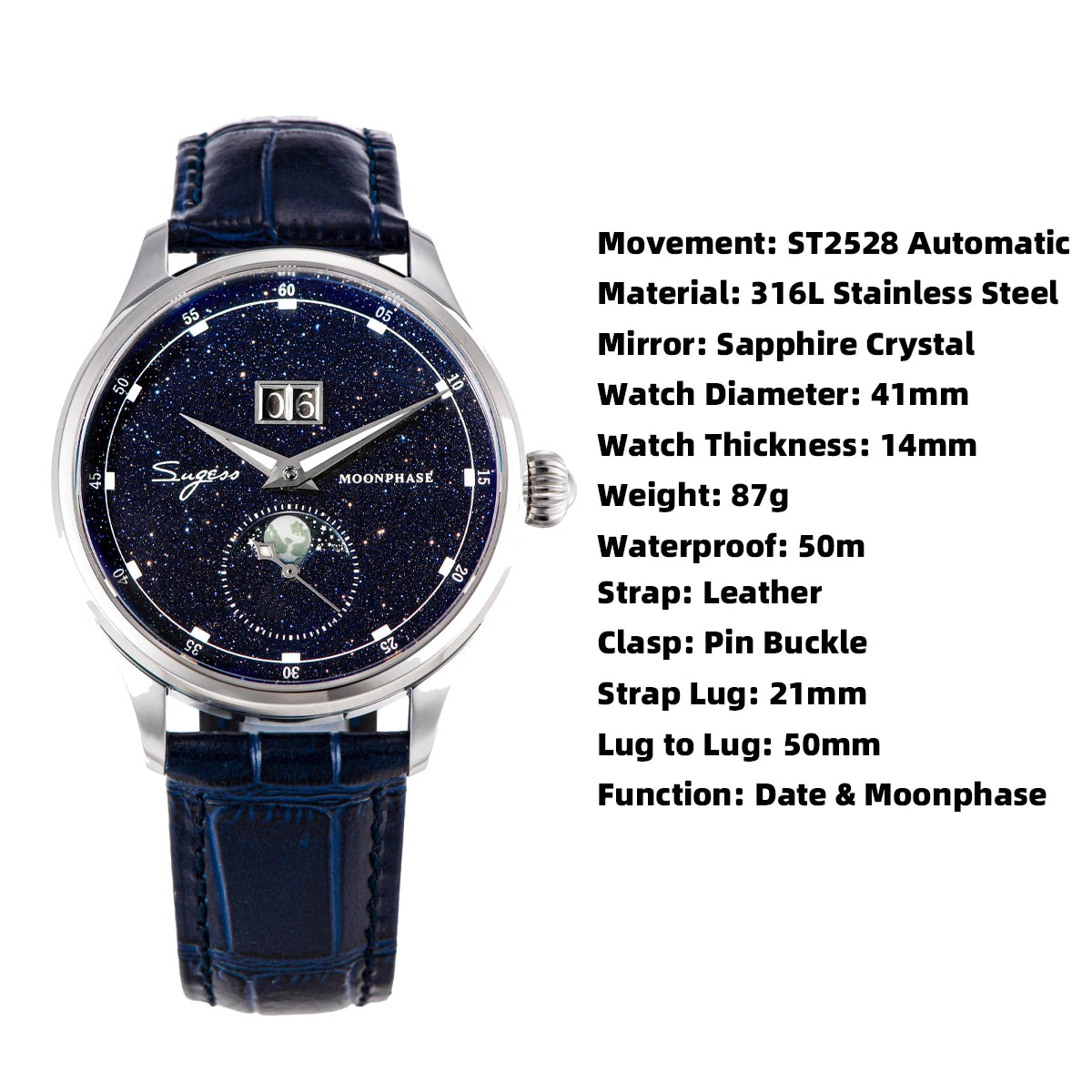 Sugess Moonphase Watch of Men 40mm Automatic Mechanical Wristwatches Origin ST2528 Movement Stainless Steel Blue Sandstone Dials