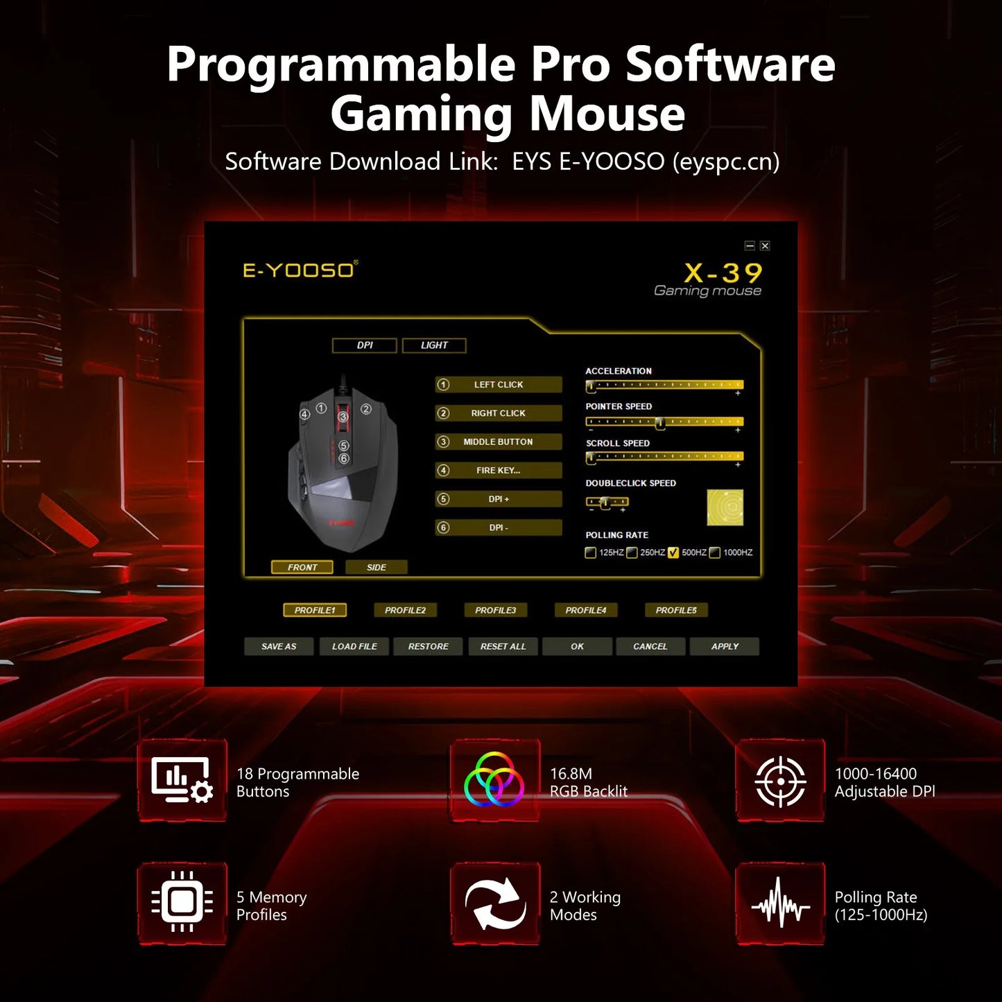 E-YOOSO X-39 programmerbar gamingmus, trådbunden RGB-mus med 18 knappar, 8 avtagbara vikter, 5 DPI, ergonomiskt grepp för dator