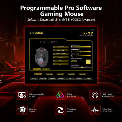 E-YOOSO X-39 programmerbar gamingmus, trådbunden RGB-mus med 18 knappar, 8 avtagbara vikter, 5 DPI, ergonomiskt grepp för dator