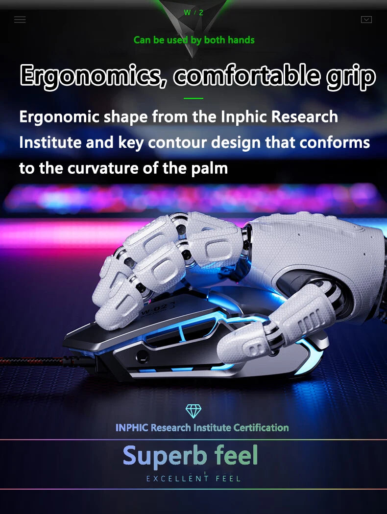 Inphic W2 2. generace USB kabelová herní myš, tiché kliknutí, kovový styl, 6 tlačítek s programováním maker, 8800DPI