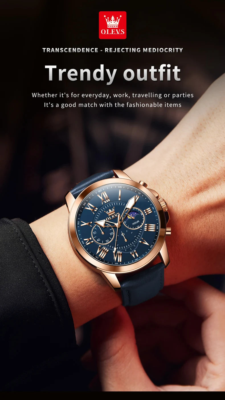 OLEVS 3632 Men Watch Elegant Luxury Sport Quartz Watch Scale Waterproof Luminous Automatic Date Moon Belt Watch Gifts Original