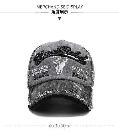 Vintage Embroidery Letter Bull Washed Baseball Cap, Retro Sun Hat for Men Women, Casual Hip Hop Peak Cap