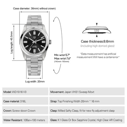 Watchdives WD1016 V3 Quartz Watch 37mm Stainless Steel Case Sapphire Vintage Watch  VH31 Sweep Movemet 100m Waterproof Men Watch