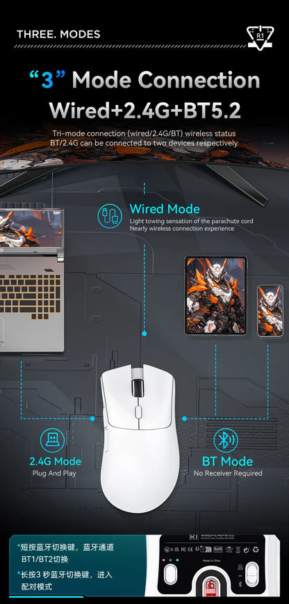 Mouse de gaming wireless Attack Shark R1 Lightweight Bluetooth 2.4G, PAW3311, 18000DPI, ergonomic, cu macrocomenzi