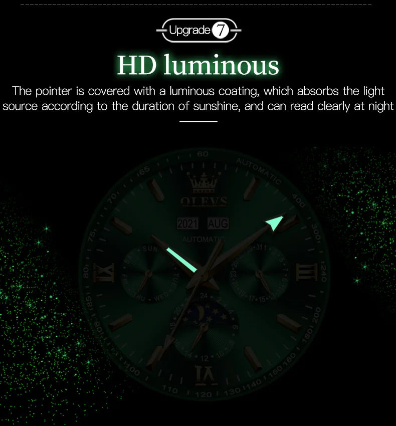 OLEVS 6633 Luxury Men's Watches Automatic Green Watch Men Stainless Steel Waterproof Business Sport Mechanical Wristwatch 6633