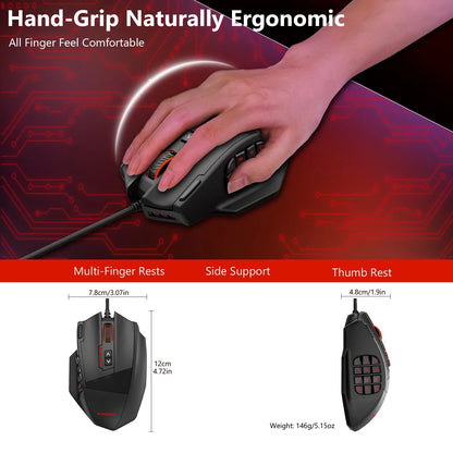 E-YOOSO X-39 programmerbar gamingmus, trådbunden RGB-mus med 18 knappar, 8 avtagbara vikter, 5 DPI, ergonomiskt grepp för dator