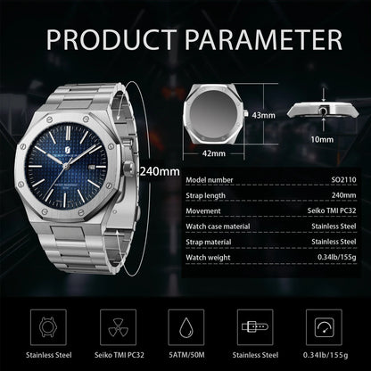 SAPPHERO Men’s Analog Watch Stainless Steel Japan Quartz Movement Date Display 50m Waterproof Classic Business Casual Wristwatch