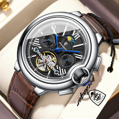 Relógio de luxo para homem POEDAGAR – Modelo mecânico automático com indicação da data e do dia, bracelete em pele, turbilhão, resistente à água, estilo elegante e profissional.