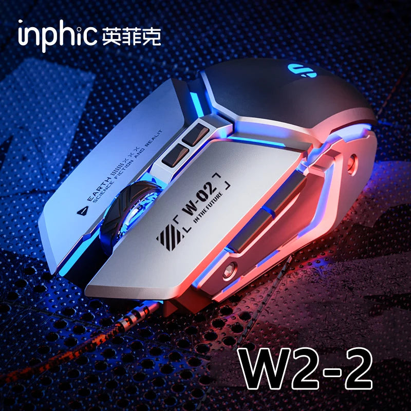 Inphic W2 2. generace USB kabelová herní myš, tiché kliknutí, kovový styl, 6 tlačítek s programováním maker, 8800DPI