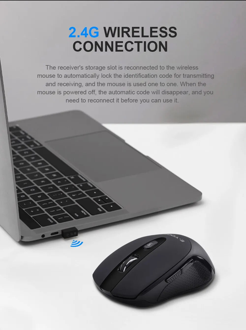E-YOOSO E-1020 USB 2.4G trådlös gamingmus, tyst ljudlös kontorsmus, 2400 DPI optisk spelmus, ergonomisk för laptop, PC och dator