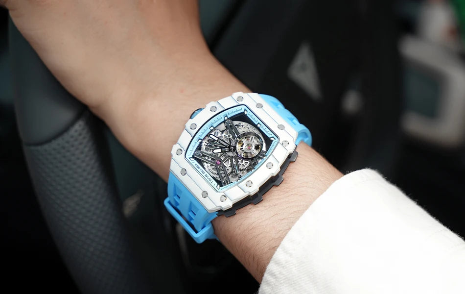 TSAR BOMBA Carbon Fiber Automatic Mechanical Watch for Men Waterproof Skeleton Mens Watches Top Brand Luxury Wristwatches