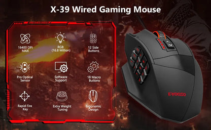 E-YOOSO X-39 programmerbar gamingmus, trådbunden RGB-mus med 18 knappar, 8 avtagbara vikter, 5 DPI, ergonomiskt grepp för dator