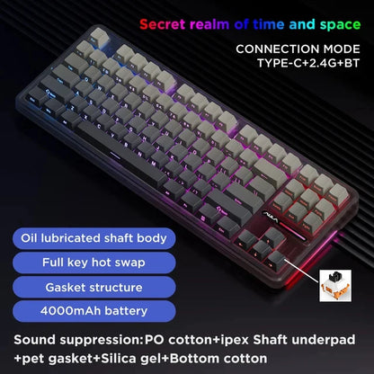 Teclado Mecânico AULA F87 Pro 2.4g/USB/Bluetooth sem fios trimodo, 87 teclas, RGB, PBT, estrutura gasket, 5 camadas de isolamento acústico, teclas completas sem impacto