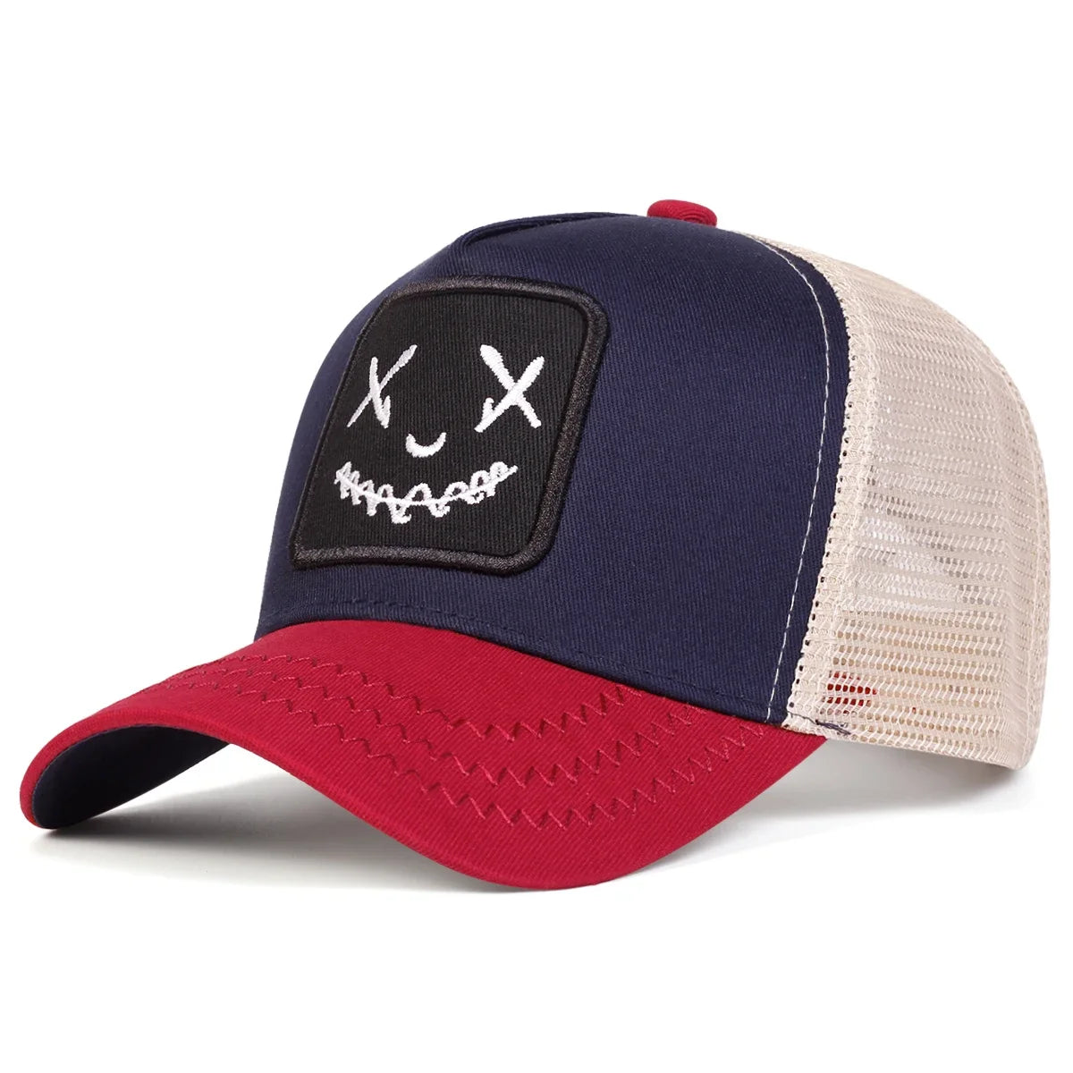 Uomo Donna Cappellini da baseball con ricamo a forma di faccina sorridente in cotone, regolabili con chiusura a scatto, cappellini Hip Hop in rete, cappellini estivi da esterno, cappellini da sole, cappellini da papà