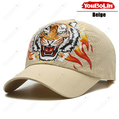 Outdoor Tiger Face Baseball Cap, Summer Quick-Dry Fabric, Mesh & Perforated Design, Ethnic Print Sun Protection Hat