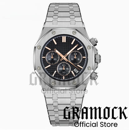 Gramock VK63 Fashionable Men's Quartz Chronograph Luxury Sapphire Stainless Steel Rose Gold Index Dial Waterproof 5Bar Luminous