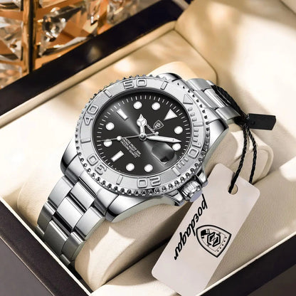 POEDAGAR Luxury Men's Watch Stainless Steel Date Quartz Fashion Watches For Man Waterproof Luminous Business Male Watch+Box Gift