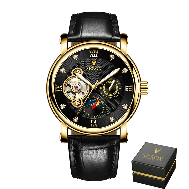 Relógio mecânico automático de luxo para homem, de uma grande marca, equipado com um turbilhão, uma fase lunar e diamantes – um elegante relógio de pulso.