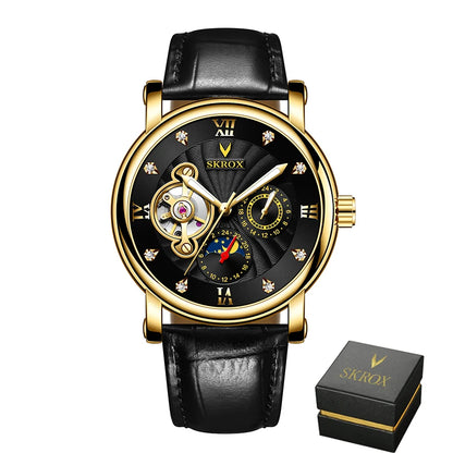 Relógio mecânico automático de luxo para homem, de uma grande marca, equipado com um turbilhão, uma fase lunar e diamantes – um elegante relógio de pulso.