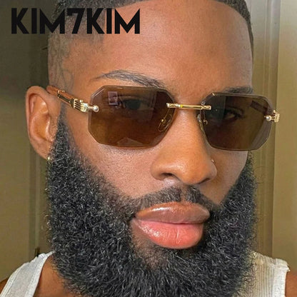 Rimless Rectangle Sunglasses Men 2026 Luxury Design Vintage Geometric Square Sun Glasses Male Retro Punk Eyewear Driving Shades