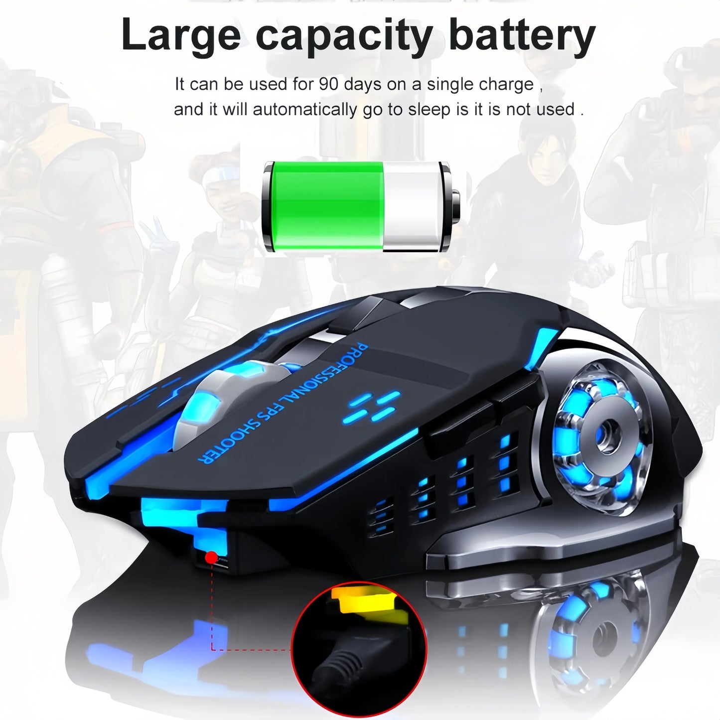 Bezprzewodowa mysz gamingowa z akumulatorem – cicha Bluetooth/USB, podświetlenie RGB, e-sportowa do PC