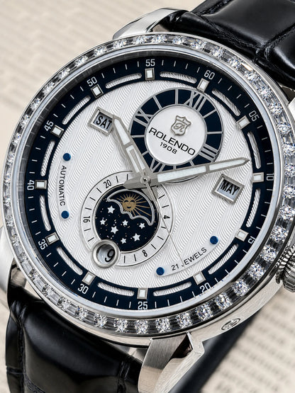 ROLENDO 1908 Men Automatic Mechanical Watch Diamond Luminous Leather Strap Waterproof Business Luxury Wristwatch For Male Gift