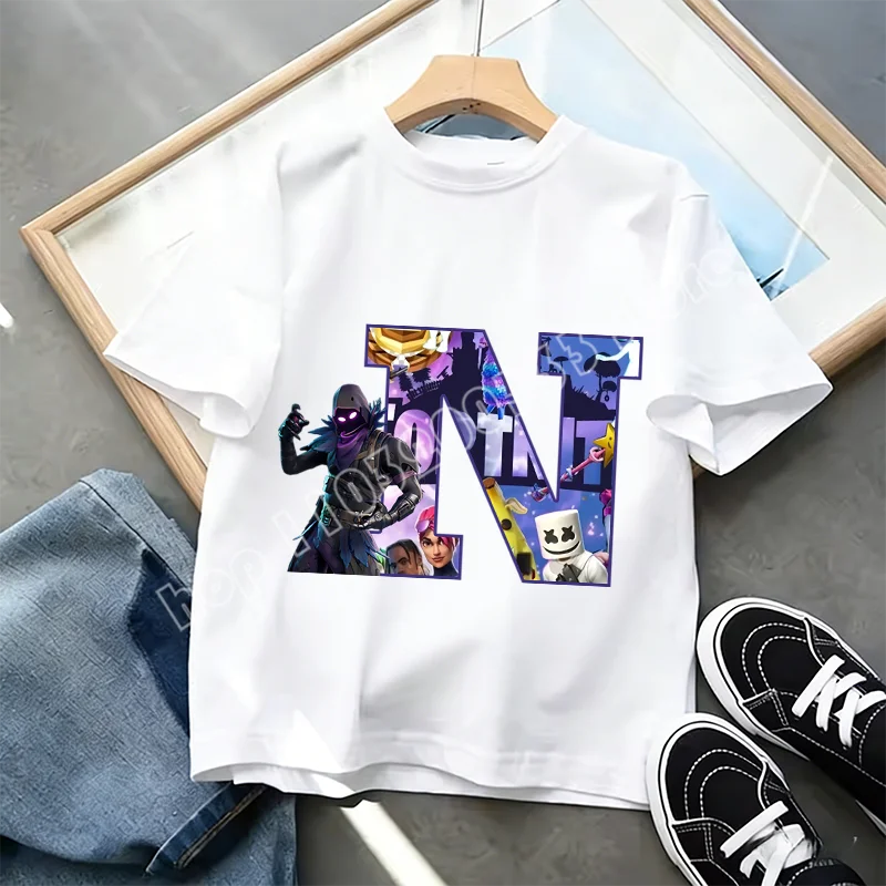 Tricou Fortnite cu imprimeu alfabet A-Z, de vară, pentru copii, alb, îmbrăcăminte cu joc cartoon popular, tricou fashion casual cu mânecă scurtă, cadou