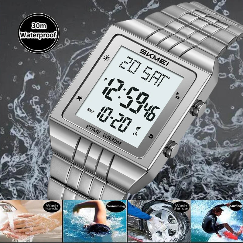 Skmei Luxury Digital Watches for Mens LED Waterproof Date Week Display Chronograph Fashion Dual Time Zones Bracelet Steel Watch