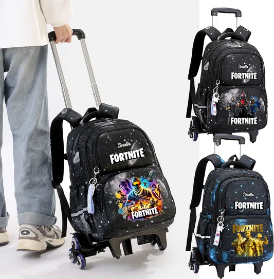 Mochila com Rodas Fortnite Anime, Impermeável, de Grande Capacidade, para Estudante — Saco Escolar Casual de Viagem com Carrinho e Subida Fácil de Escadas