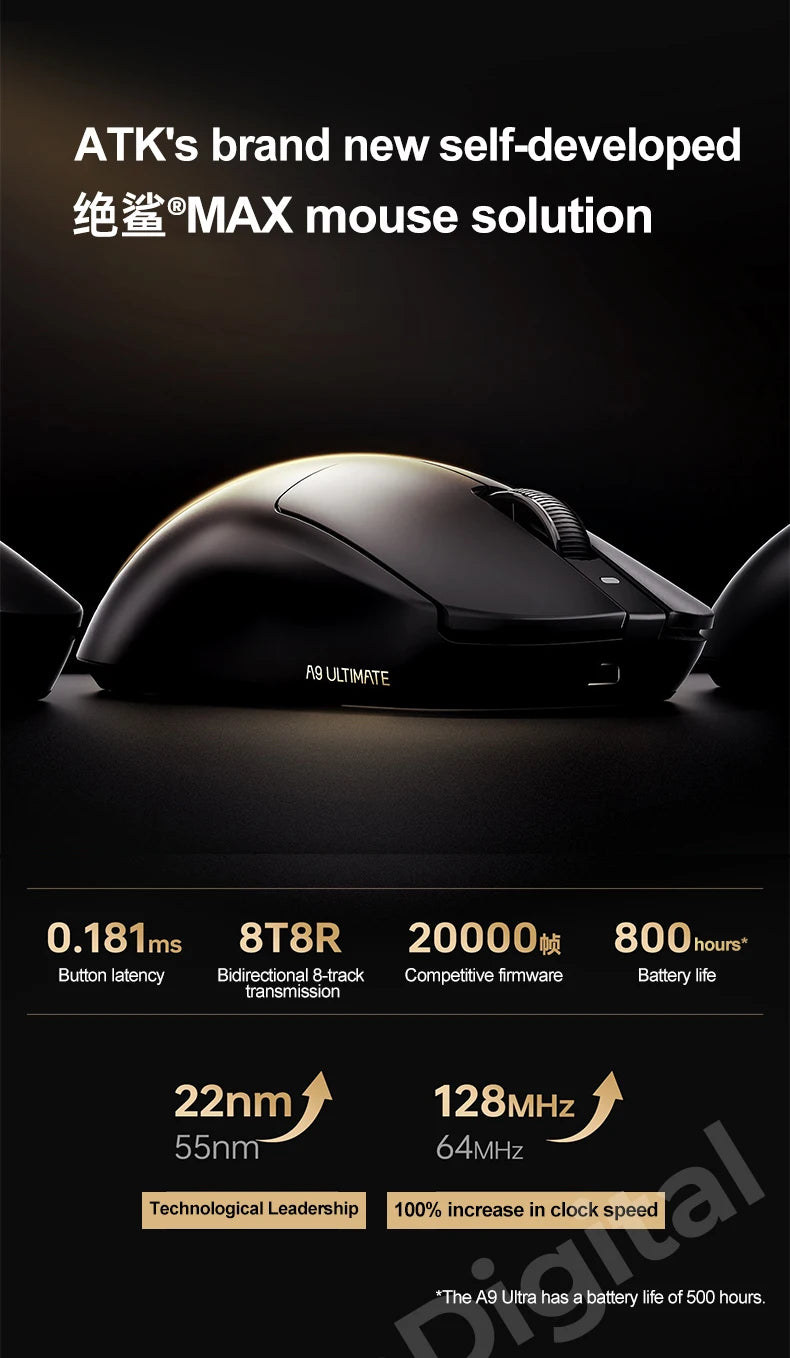 ATK Dragonfly A9 Ultimate vezeték nélküli gaming egér A9 Air PAW3950, ultrakönnyű ergonomikus e-sport gamer FPS egér CSGO-hoz A9 Ultra