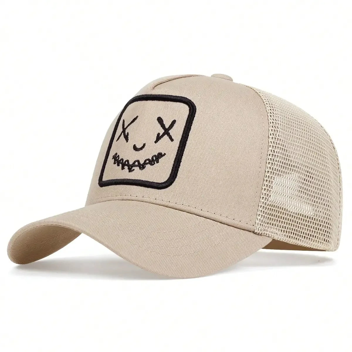 Uomo Donna Cappellini da baseball con ricamo a forma di faccina sorridente in cotone, regolabili con chiusura a scatto, cappellini Hip Hop in rete, cappellini estivi da esterno, cappellini da sole, cappellini da papà