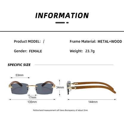 Rectangle Fashion Rimless Sunglasses for Women Men Gangster 90s Frameless Shades Retro Vintage Trendy Wooden Frame Eyewear