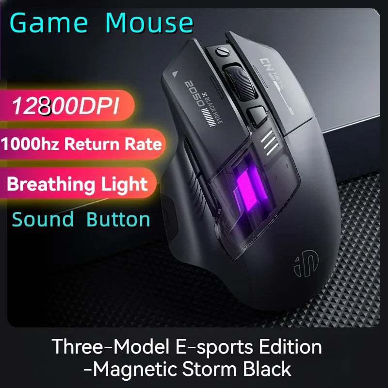 Inphic A9 Pro gamingmus med tre tilstande, farverig lysguide, strømindikator, justerbar DPI, makrodriver, ergonomisk, 12800DPI