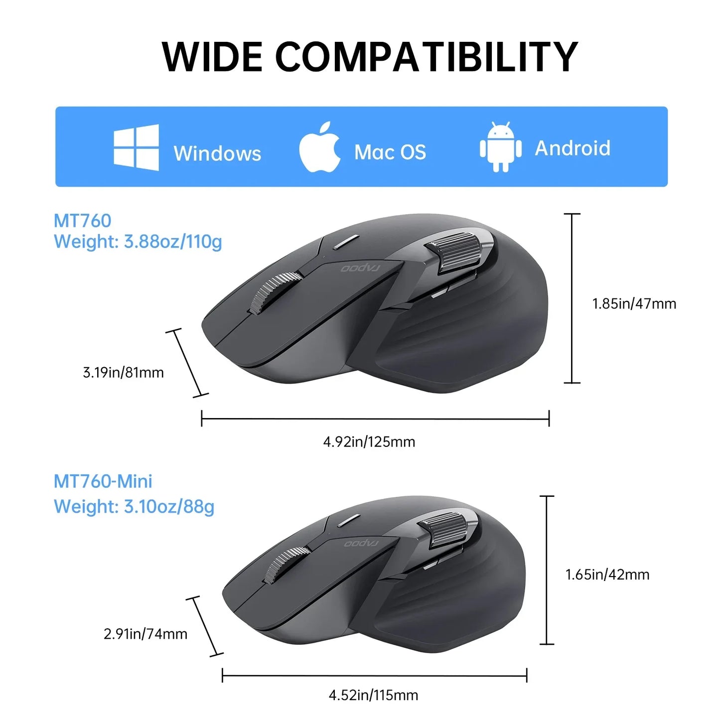 Rapoo MT760L/MT760M daugiarėžimė įkraunama belaidė pelė, ergonomiška, 4000 DPI, palaiko iki 4 įrenginių, Bluetooth pelė
