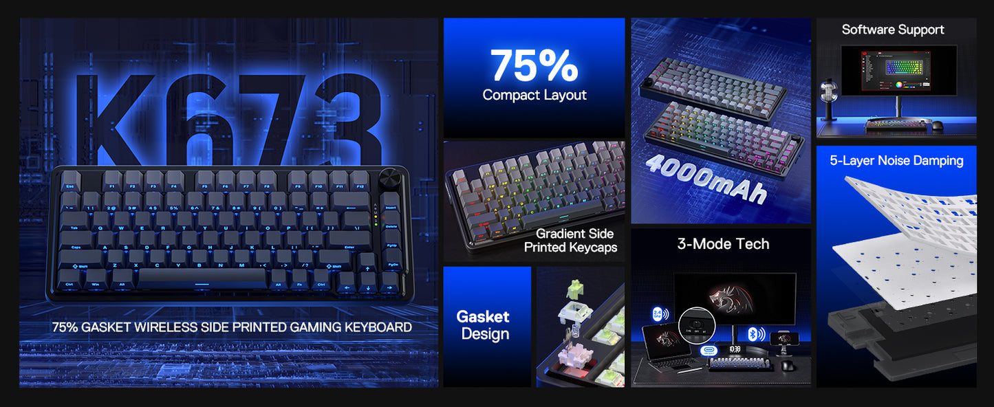 Redragon K673 GB 75% Wireless Gasket RGB 3-Modes 81 Keys Gaming Mechanical Hot-Swap Socket Keyboard